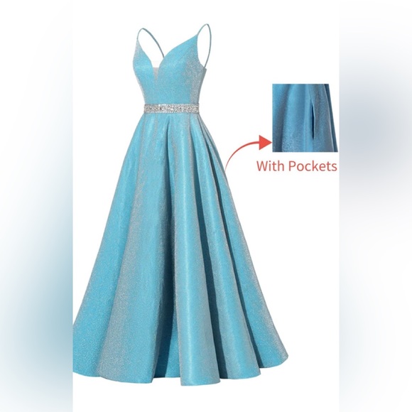 Yexinbridal Spaghetti Straps Prom Dress Long Satin Beaded V-Neck with Pockets - Picture 2 of 3